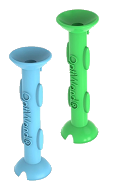 Blue and green OptiWand Original contact lens tools